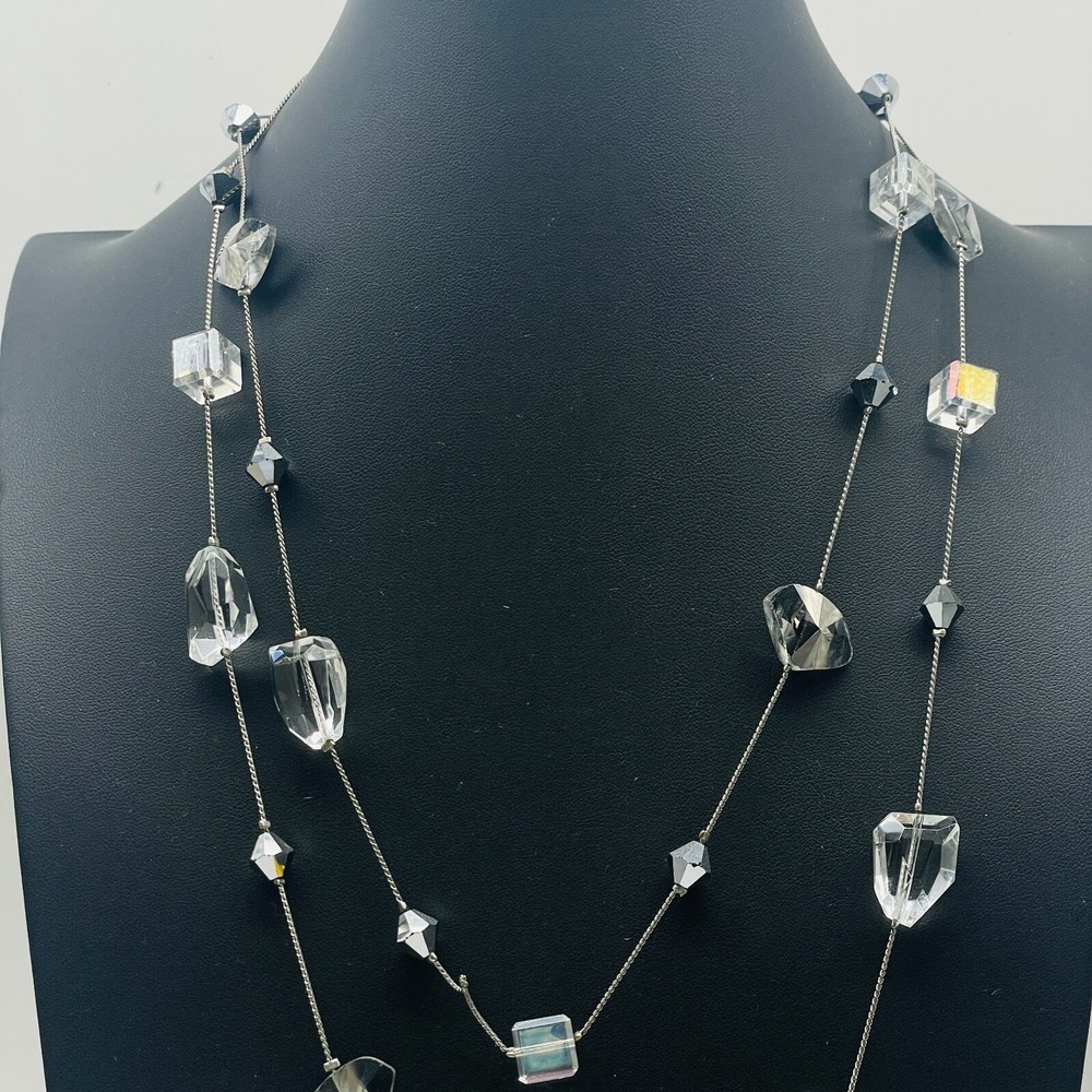 Signed Premier Designs Silver Tone Clear Bead Chain Necklace Flapper Statement